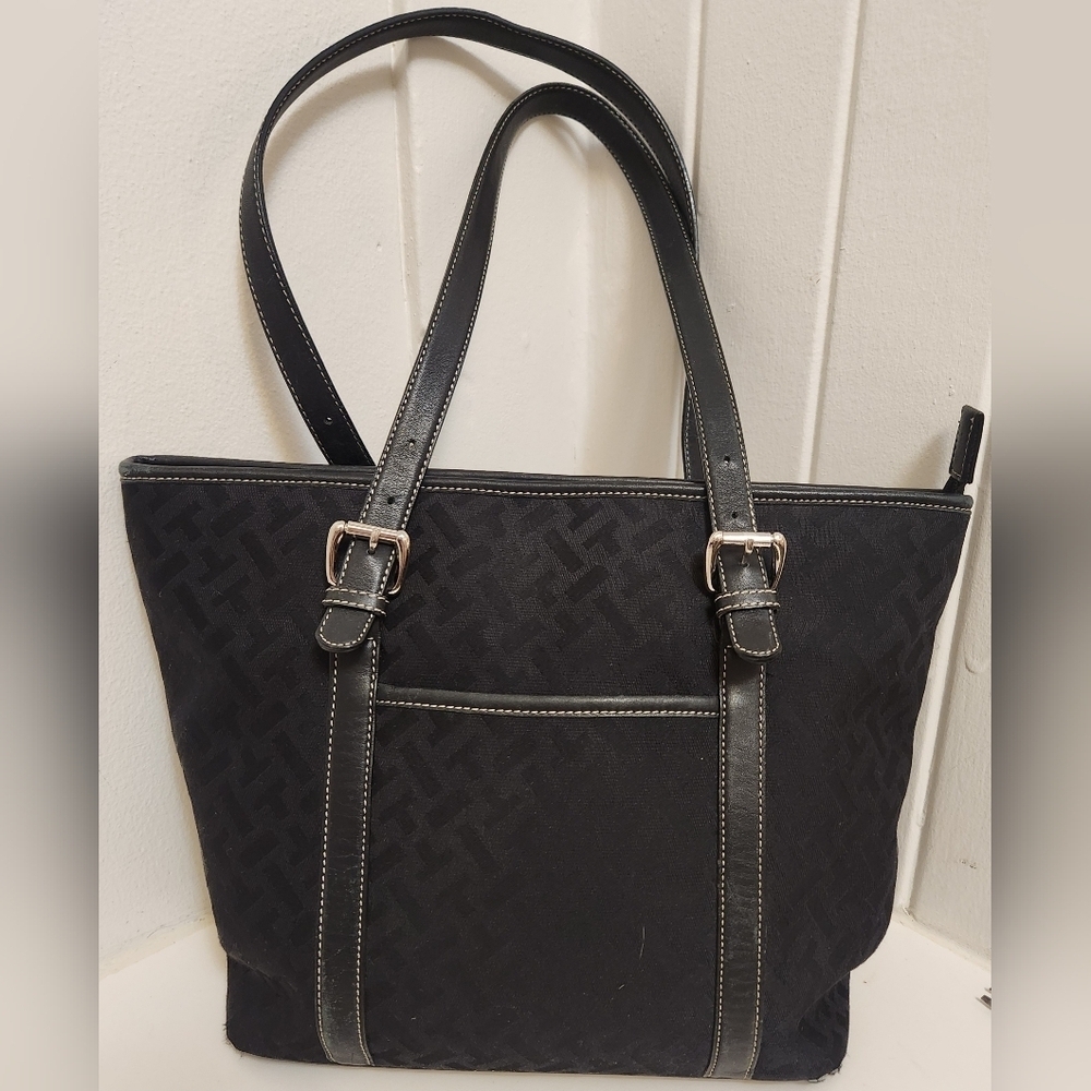 Talbots Black Leather Canvas Purse Handbag Tote Shoulder Bag